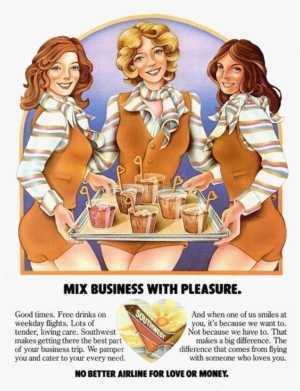Advertisement for Southwest Airlines from 1970 with three beautiful Southwest Airlines stewardess with long lean legs.